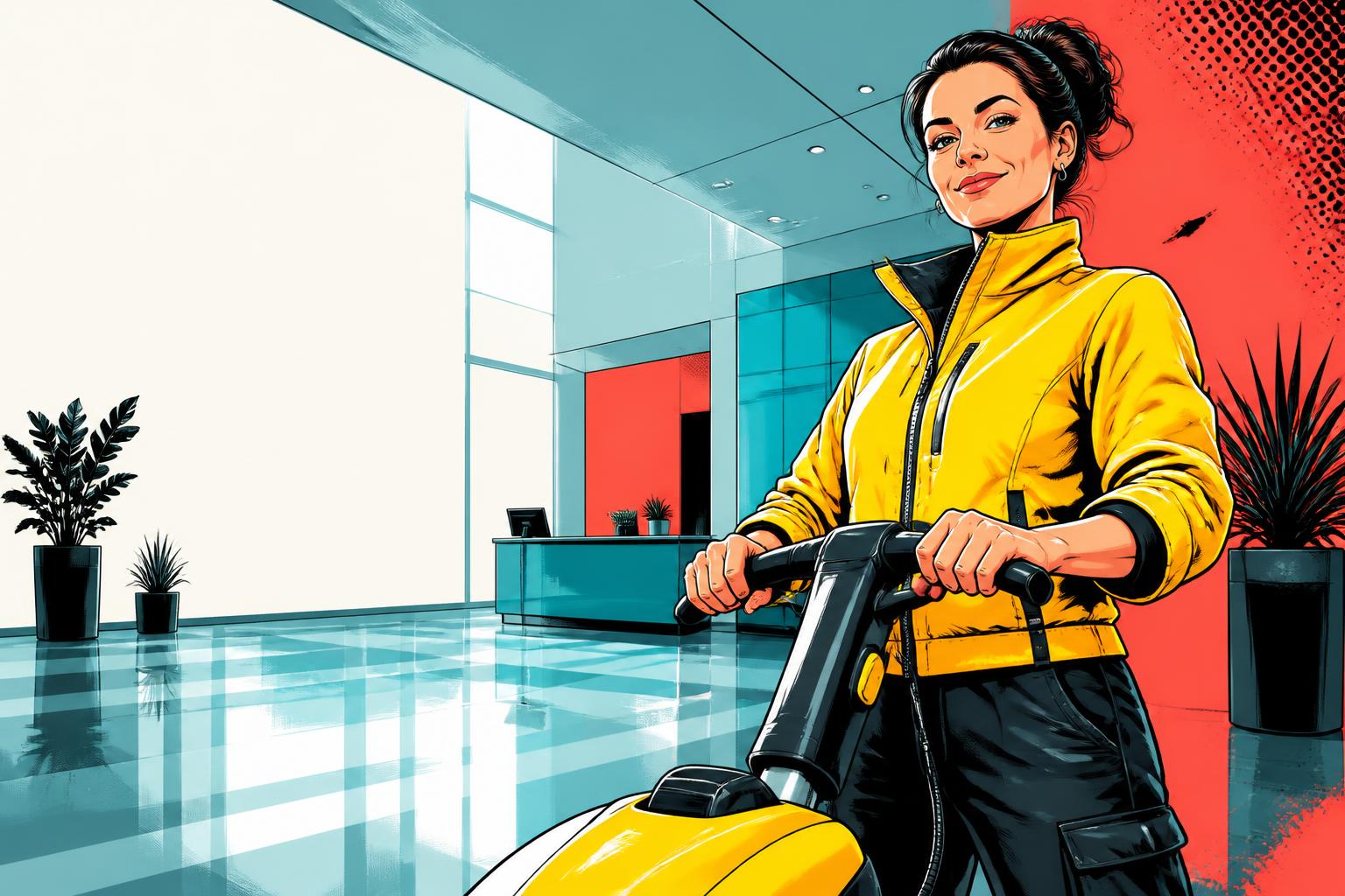 Comic-Illustration einer selbstbewussten Gebäudereinigerin mit Scheuersaugmaschine in einem modernen Bürogebäude