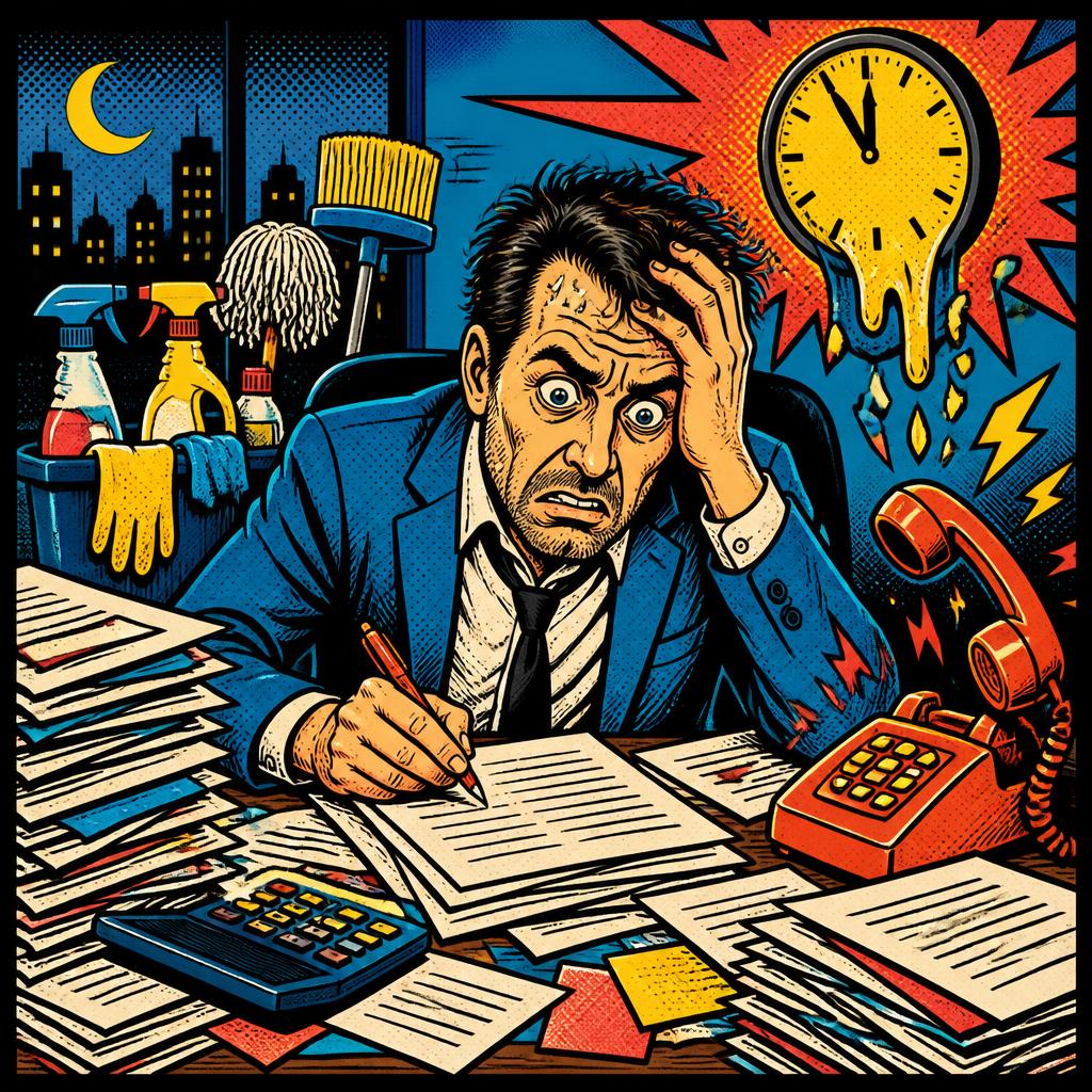 Comic-Illustration eines Gebäudereinigungsunternehmers zwischen Kalkulation, Telefon und nächtlichem Papierkram