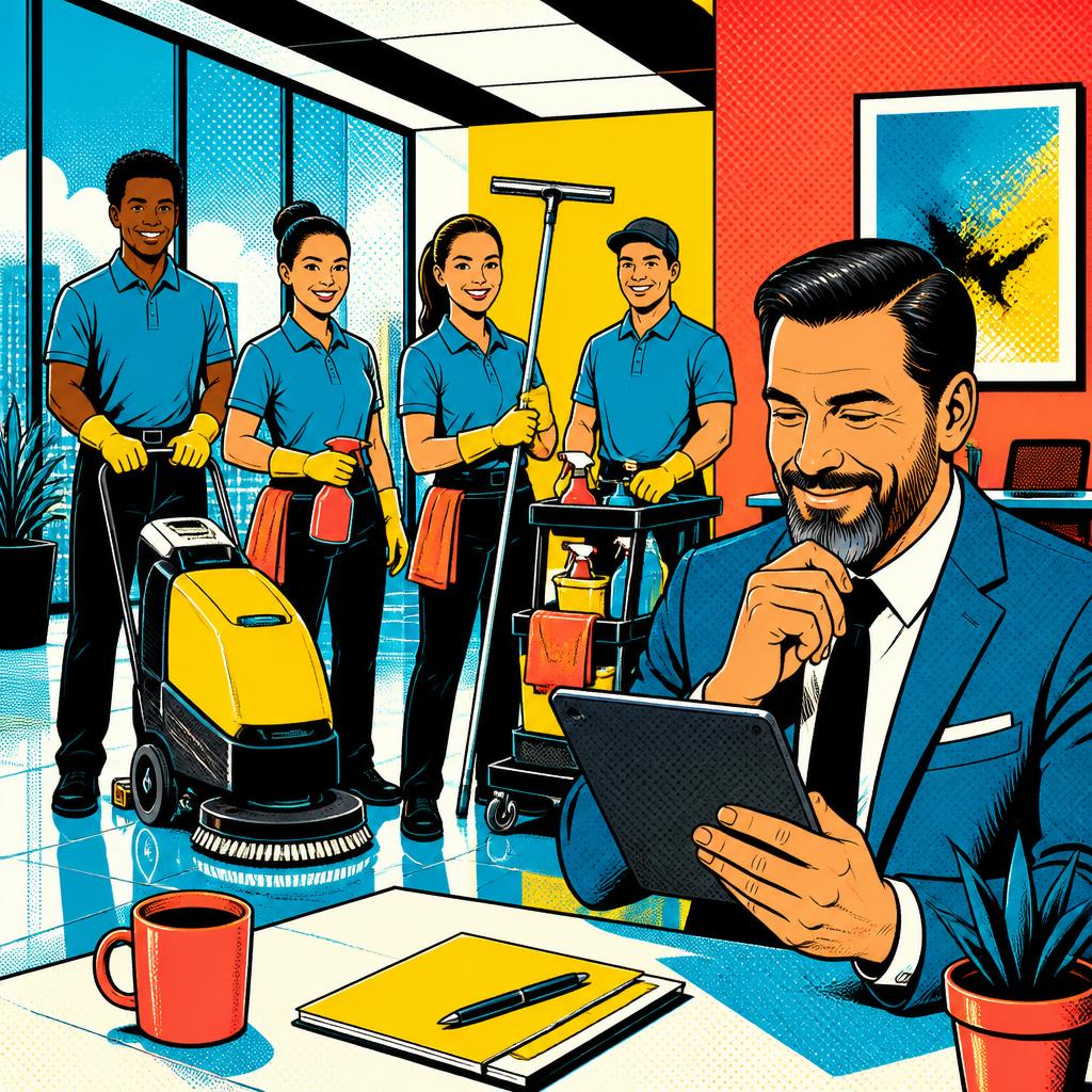 Comic-Illustration eines professionellen Reinigungsteams und eines passenden Objektauftrags auf dem Tablet